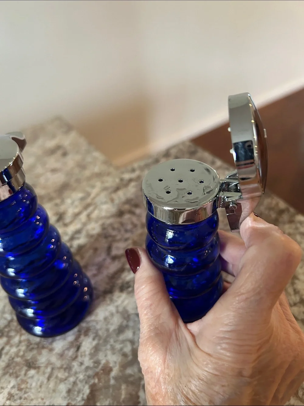 Cobalt Blue Glass Pepper and Salt Shakers with Silver Tops